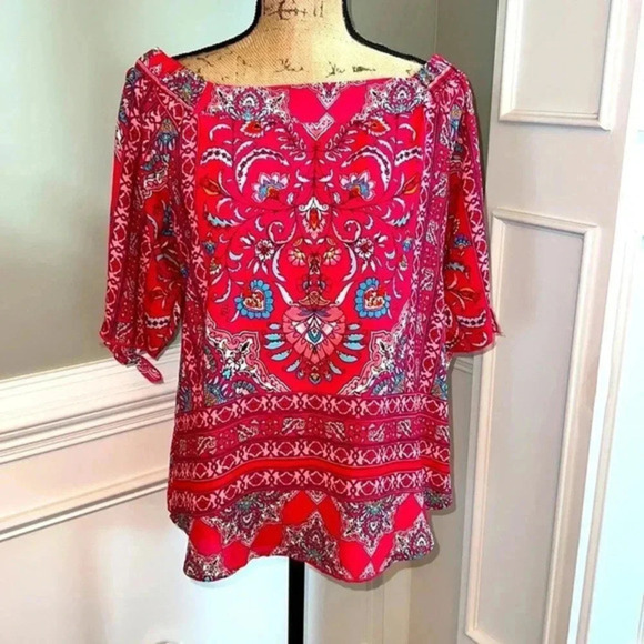 Renee C - Red Boho Print Off-Shoulder Blouse – Vibrant Peasant Top, Size Medium - Picture 1 of 10